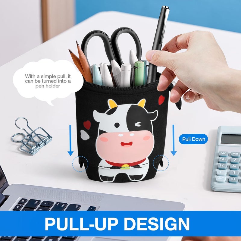 KPX Cute Standing Pencil Case for Kids, Pop Up Pencil Box Makeup Pouch, Christmas Gift Kids Canvas Pen Holder Organizer Cosmetics Bag, Kawaii Stationary (Baby Cow) - Image 4